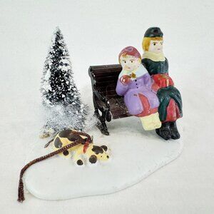 LEMAX Village Collection Porcelain Park Bench People Dog Snow Dickensvale 53148